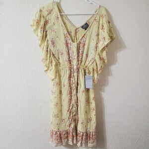 Angie Yellow Floral Sleeveless Ruffle Midi Wester Cowgirl Spring Dress Large